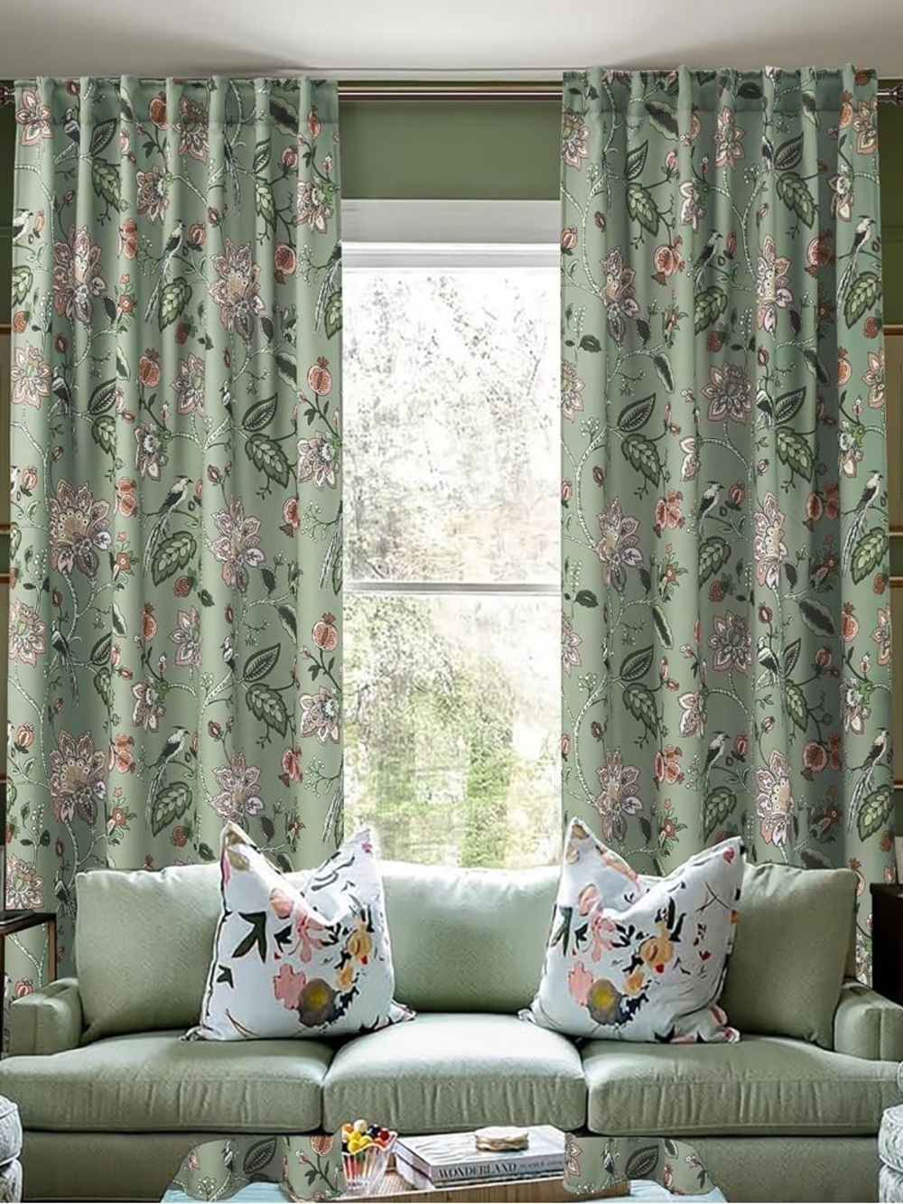 80% Blackout Botanical Sage Green Floral Curtain Panels